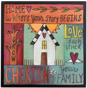 Sticks handmade wall plaque with "Cherish Family" quotes and colorful imagery