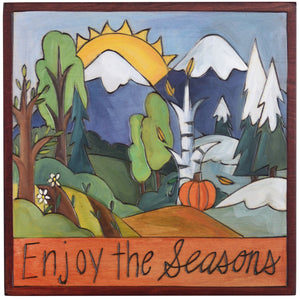 Sticks handmade wall plaque with "Enjoy the Seasons" quote and four seasons mountain landscape