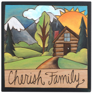 Sticks handmade wall plaque with "Cherish Family" quote and cabin in the mountains imagery