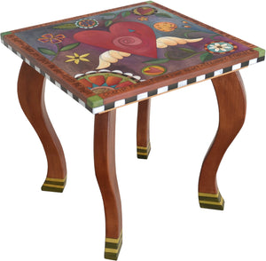 Large Square End Table –  Beautiful folk art end table with central heart with wings and floral motifs throughout