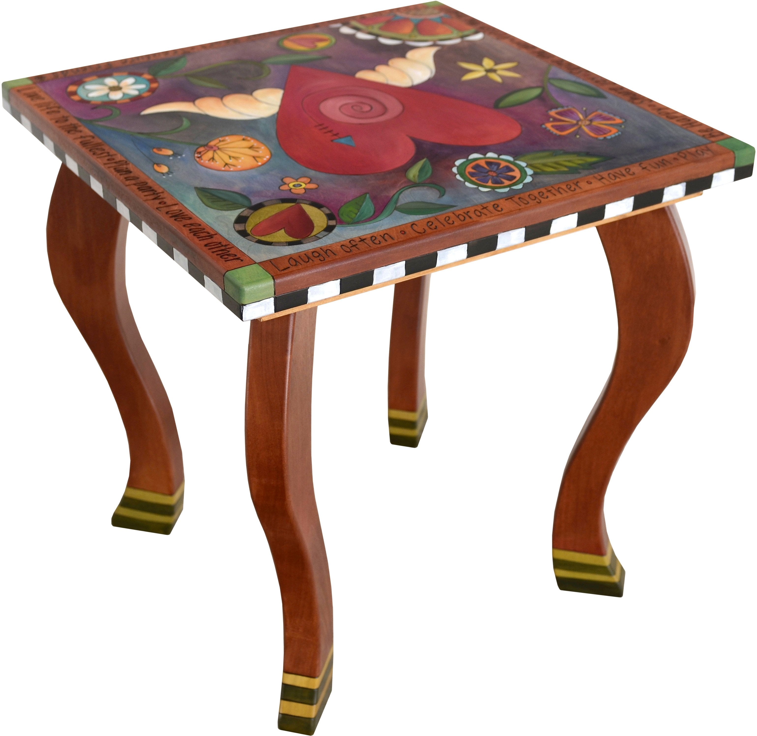 Large Square End Table –  Beautiful folk art end table with central heart with wings and floral motifs throughout