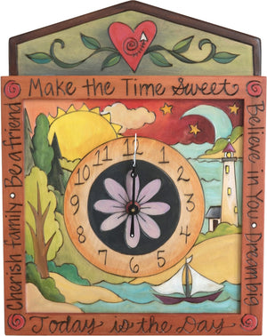 Square Wall Clock –  "Make the Time Sweet" coastal landscape wall clock with sun and moon motif
