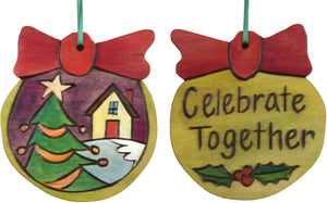 Ball Ornament –  Celebrate Together ball ornament with christmas tree and snowy home motif