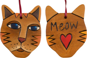 Tan-orange cat with "meow" and heart motif on back