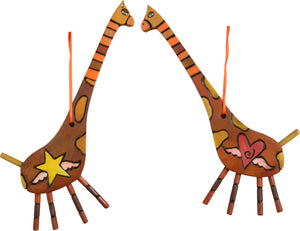 Heart and star with wings icons adorn a giraffe with a striped neck