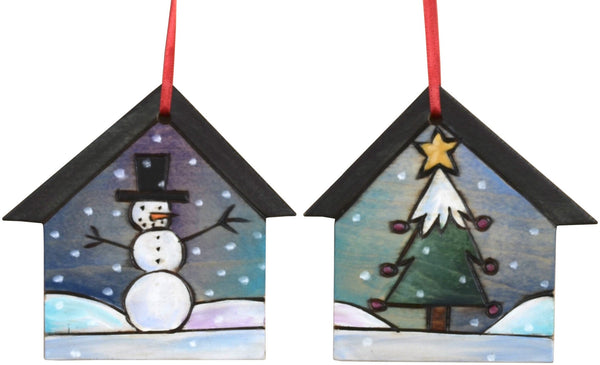 House Ornament –  House Ornament with snowman and Christmas tree motif