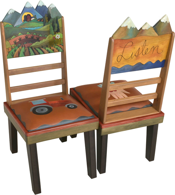 Sticks Chair Set with Leather Seats –  Rustic chair set with rolling four seasons mountain landscapes