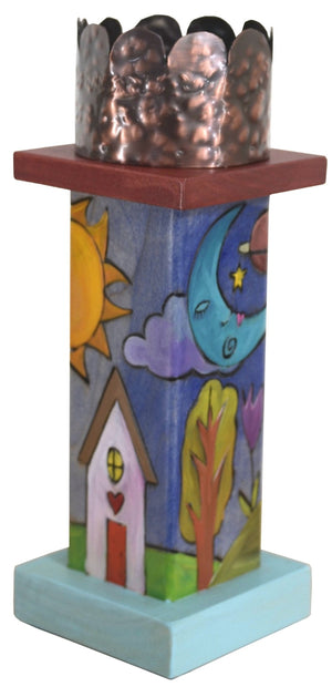 Small Pillar Candle Holder –  Lovely candle holder with sun and moon motif and fun mountain landscape