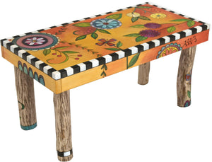 Sticks handmade 3' bench with bright and colorful floral design. Side View