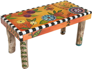 Sticks handmade 3' bench with bright and colorful floral design