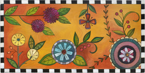 Sticks handmade 3' bench with bright and colorful floral design. Top View