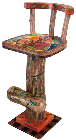 Stool with Back – Day and night skies surrounding a tree of life landscape seat motif with twisting vines all around main view