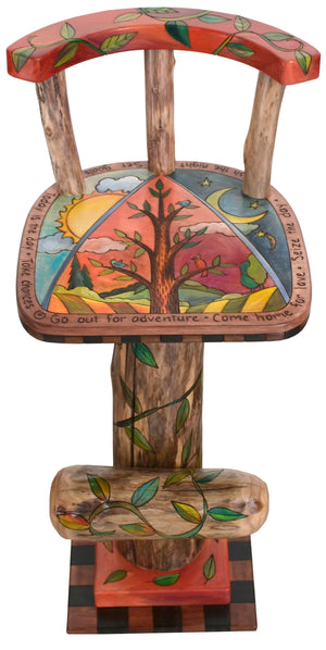 Stool with Back – Day and night skies surrounding a tree of life landscape seat motif with twisting vines all around front view
