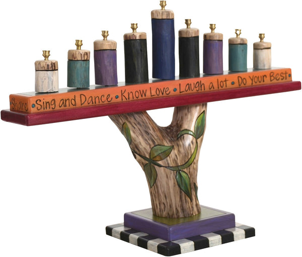 Log Menorah –  Lovely menorah design with natural birch elements and vine motifs