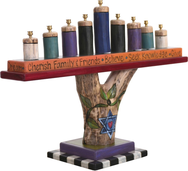 Log Menorah –  Lovely menorah design with natural birch elements and vine motifs