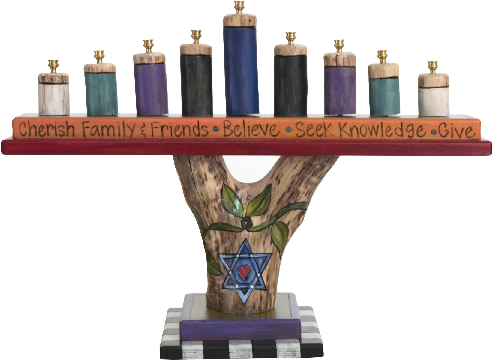 Log Menorah –  Lovely menorah design with natural birch elements and vine motifs