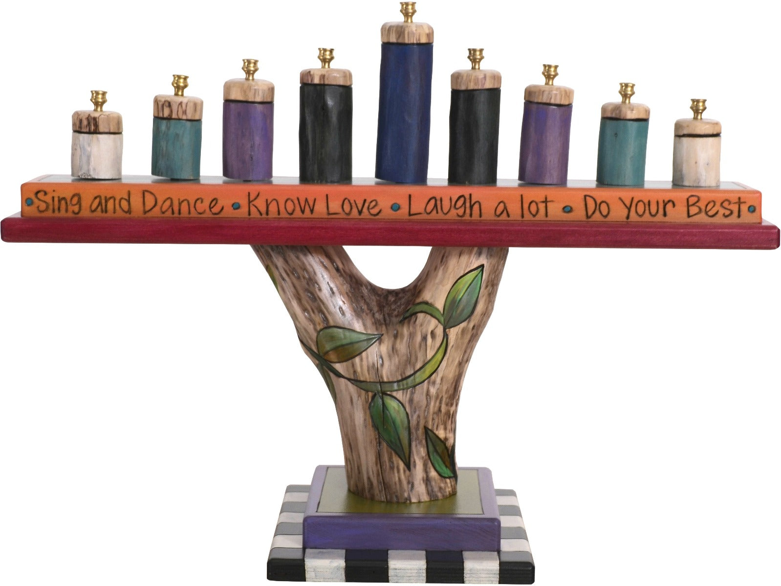 Log Menorah –  Lovely menorah design with natural birch elements and vine motifs