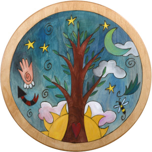 Round Stool –  Natural Tree of Life themed stool with sun and moon motif