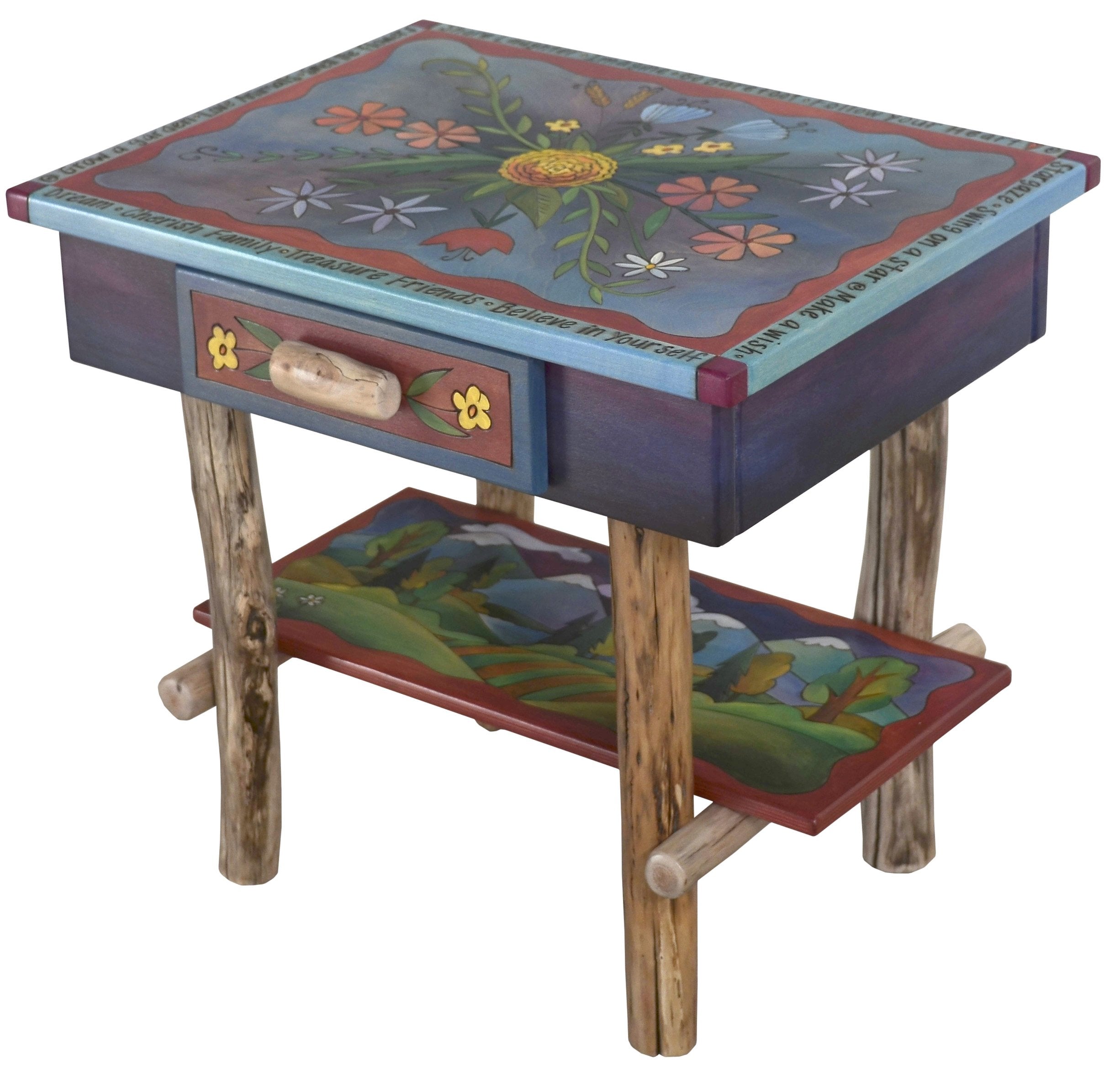 Nightstand with Open Shelf –  Eclectic folk art nightstand with birch legs and shelf designed with floral motifs and rolling mountain landscape