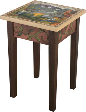 Small Square End Table –  "Accept and Embrace Change" end table with sun and moon over scenes of the changing four seasons motif