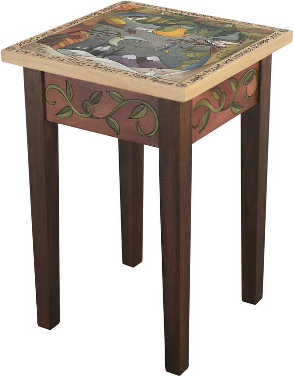 Small Square End Table –  "Accept and Embrace Change" end table with sun and moon over scenes of the changing four seasons motif