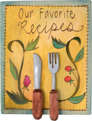 Recipe Box – "Our favorite recipes" recipe box with silverware and delicious food imagery