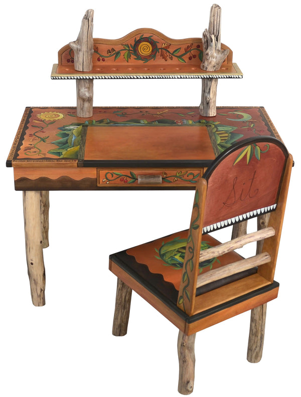 Desk with Shelf –  Beautiful mountain landscape desk with colorful vine motifs, featuring and drawer and shelf for storing supplies