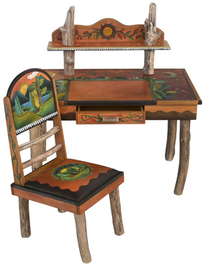 Desk with Shelf –  Beautiful mountain landscape desk with colorful vine motifs, featuring and drawer and shelf for storing supplies