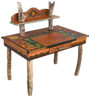 Desk with Shelf –  Beautiful mountain landscape desk with colorful vine motifs, featuring and drawer and shelf for storing supplies