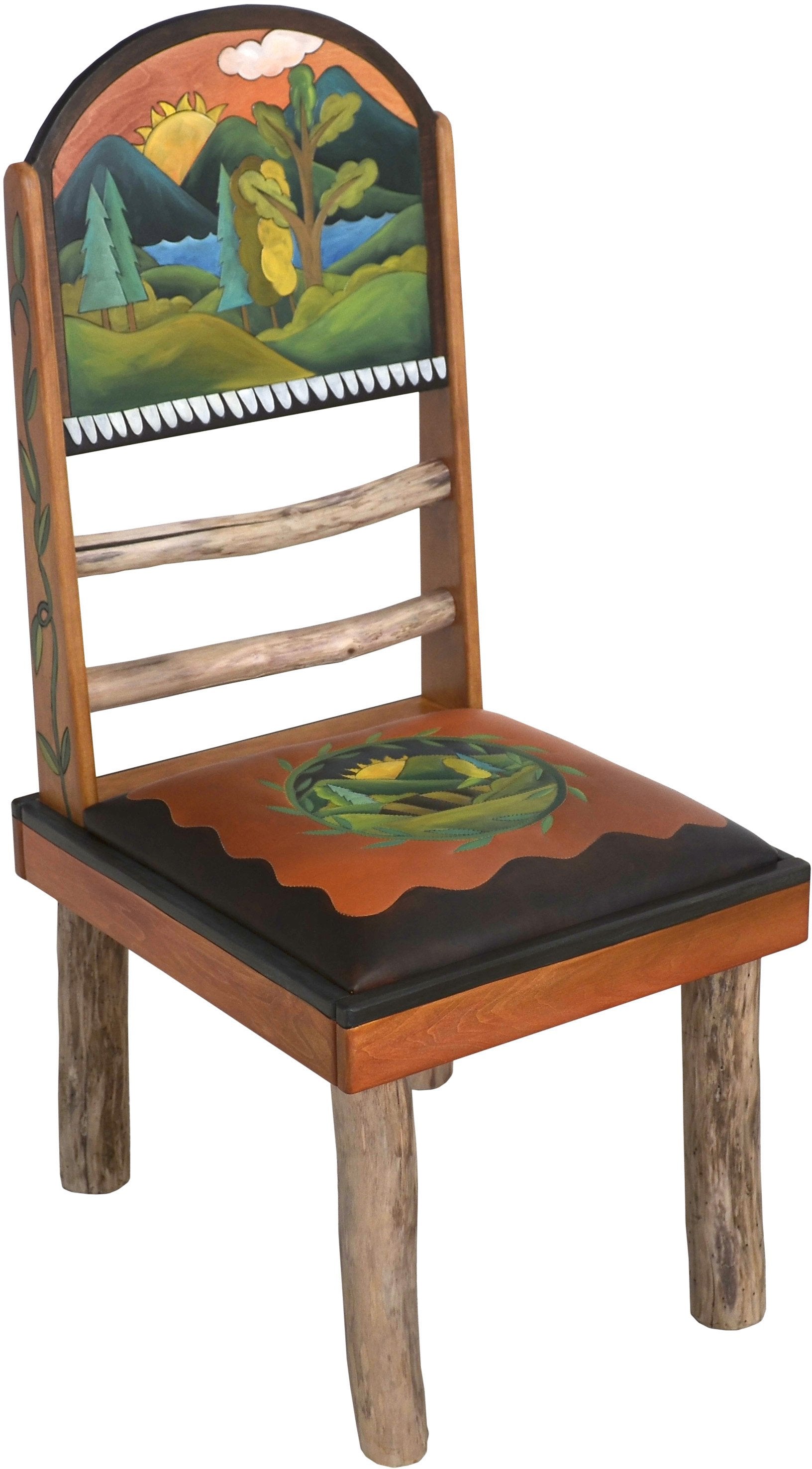 Sticks Side Chair with Leather Seat –  Lovely chair with hand embroidered seat and rolling mountain landscapes, 