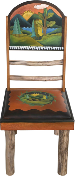 Sticks Side Chair with Leather Seat –  Lovely chair with hand embroidered seat and rolling mountain landscapes, "Sit"