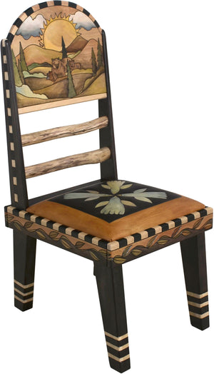 Sticks Side Chair with Leather Seat –  Gorgeous elegant and neutral chair with hand embroidered seat and rolling mountains landscapes
