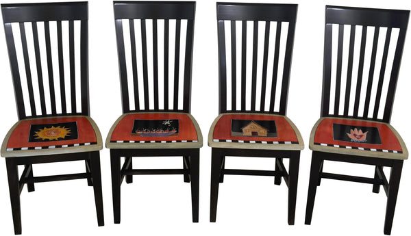 Sticks handmade chairs with colorful folk art design and floral scratchboard border