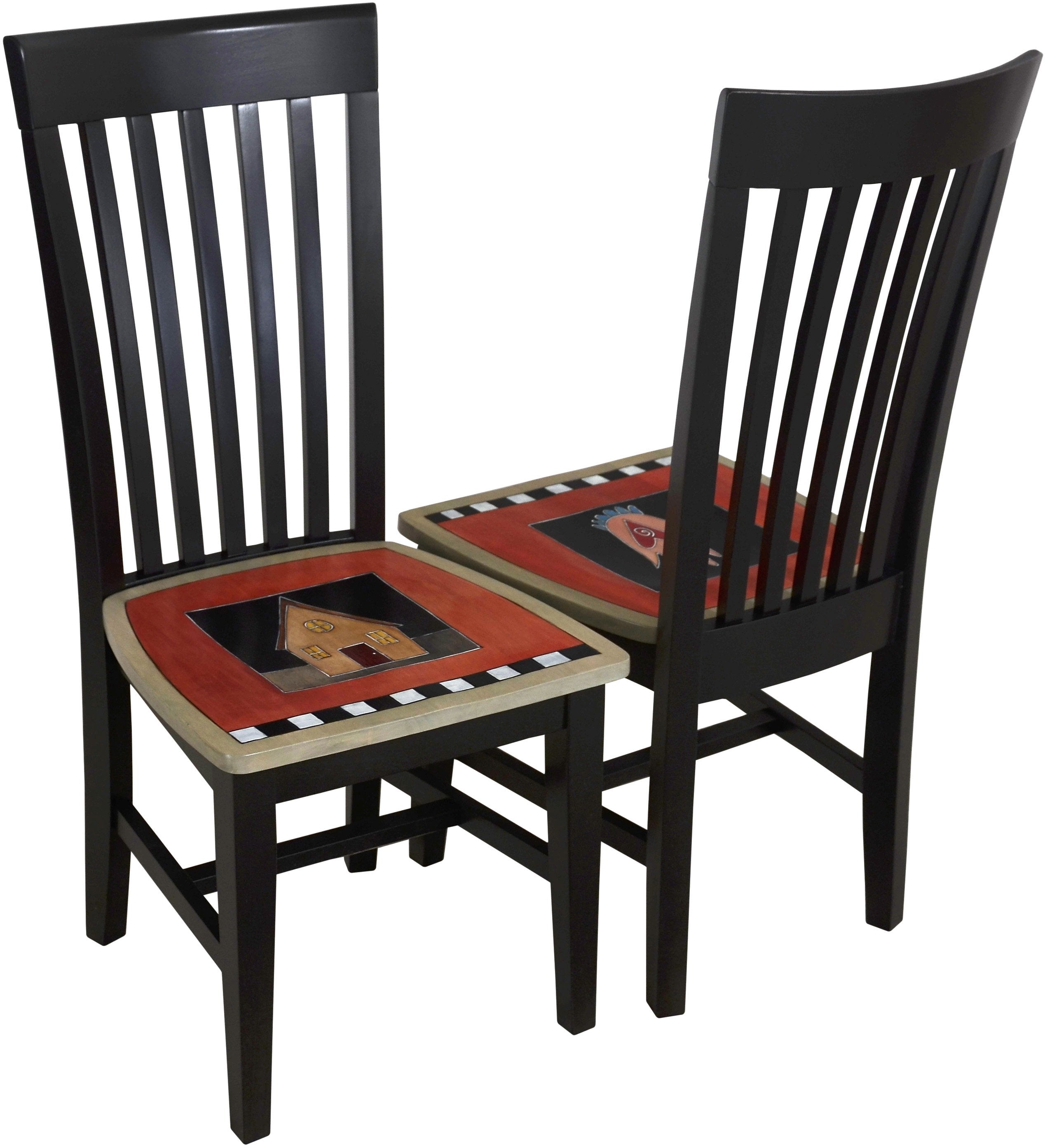 Sticks handmade chairs with colorful folk art design and floral scratchboard border