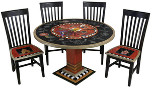 Sticks handmade dining table with colorful folk art design and floral scratchboard border with matching chairs