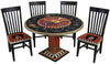 Sticks handmade dining table with colorful folk art design and floral scratchboard border with matching chairs