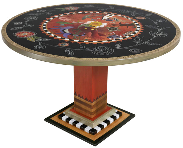 Sticks handmade dining table with colorful folk art design and floral scratchboard border