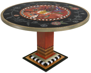 Sticks handmade dining table with colorful folk art design and floral scratchboard border