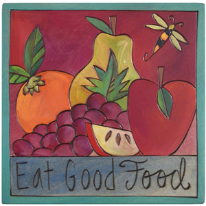 Sticks handmade wall plaque with "Eat Good Food" quote and fruit with bee imagery