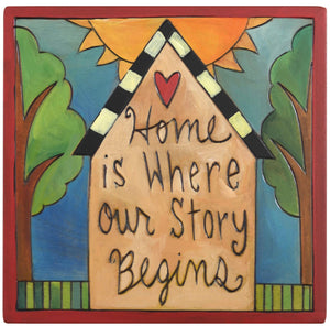 Sticks handmade wall plaque with "Home is where our story begins" quote and imagery