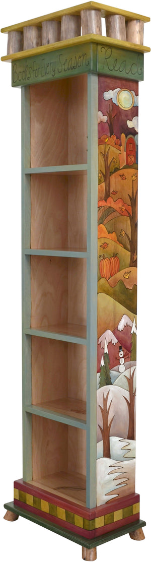 Tall Bookcase –  Lovely rolling landscapes bookcase with four seasons motifs