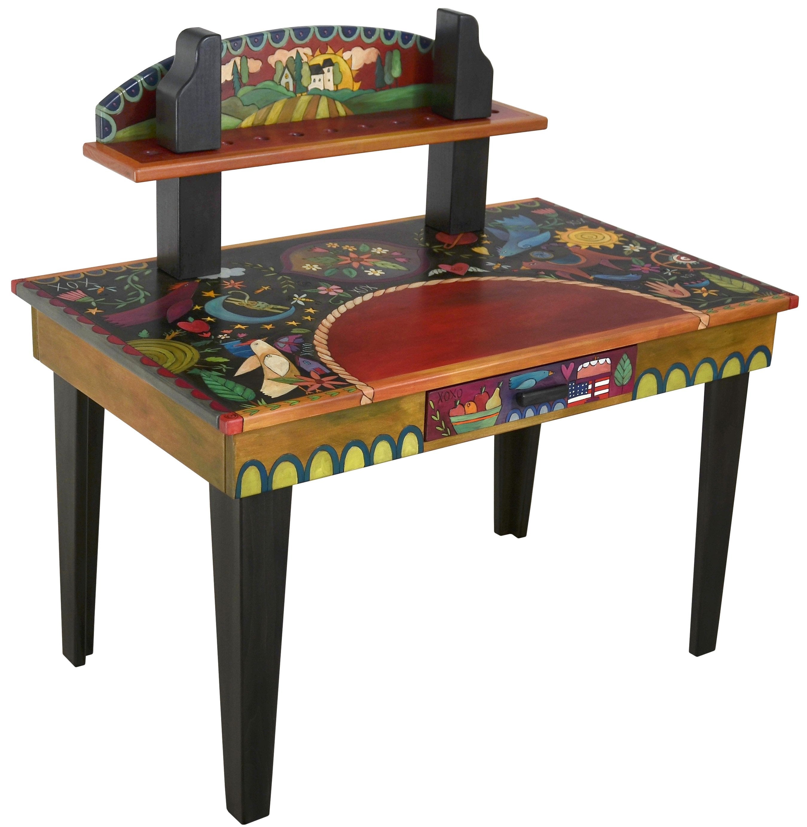 Desk with Shelf –  Eclectic and colorful folk art desk with floating symbolic elements and shelf