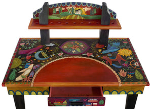 Desk with Shelf –  Eclectic and colorful folk art desk with floating symbolic elements and shelf