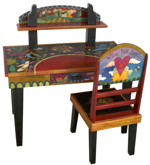 Desk with Shelf –  Eclectic and colorful folk art desk with floating symbolic elements and shelf