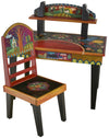 Desk with Shelf –  Eclectic and colorful folk art desk with floating symbolic elements and shelf