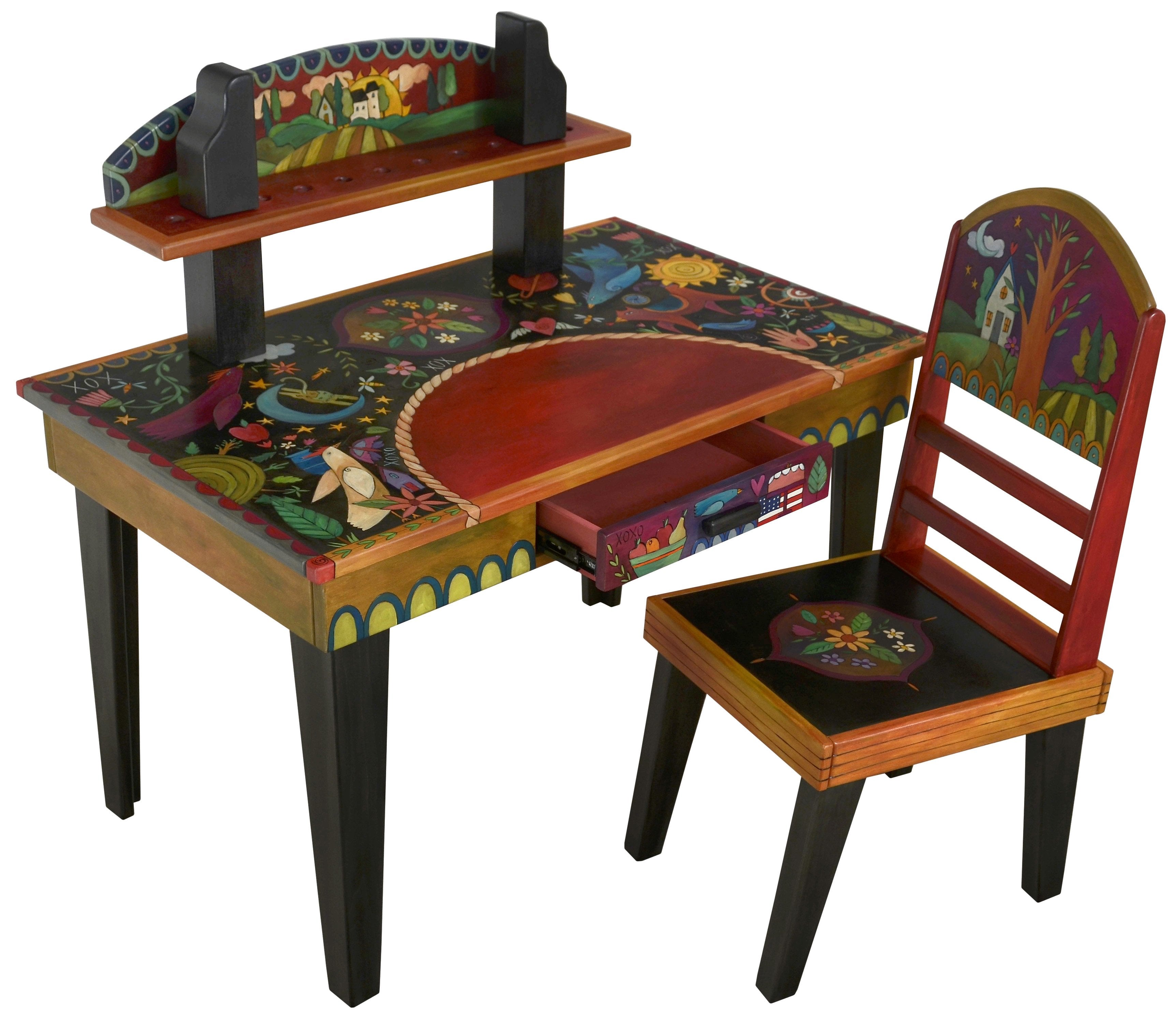 Desk with Shelf –  Eclectic and colorful folk art desk with floating symbolic elements and shelf