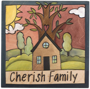 Sticks handmade wall plaque with "Cherish Family" quote and tree of life home landscape