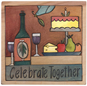 Sticks handmade wall plaque with "Celebrate together" quote and food theme with wine, cheese, fruit and cake