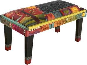 Sticks handmade 3' bench with leather and contemporary folk art design