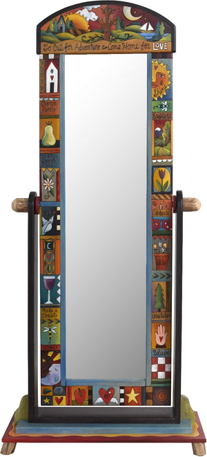 Wardrobe Mirror on Stand –  "Go Out for Adventure/Come Home for Love" mirror on stand with sun and moon over the tree of life motif